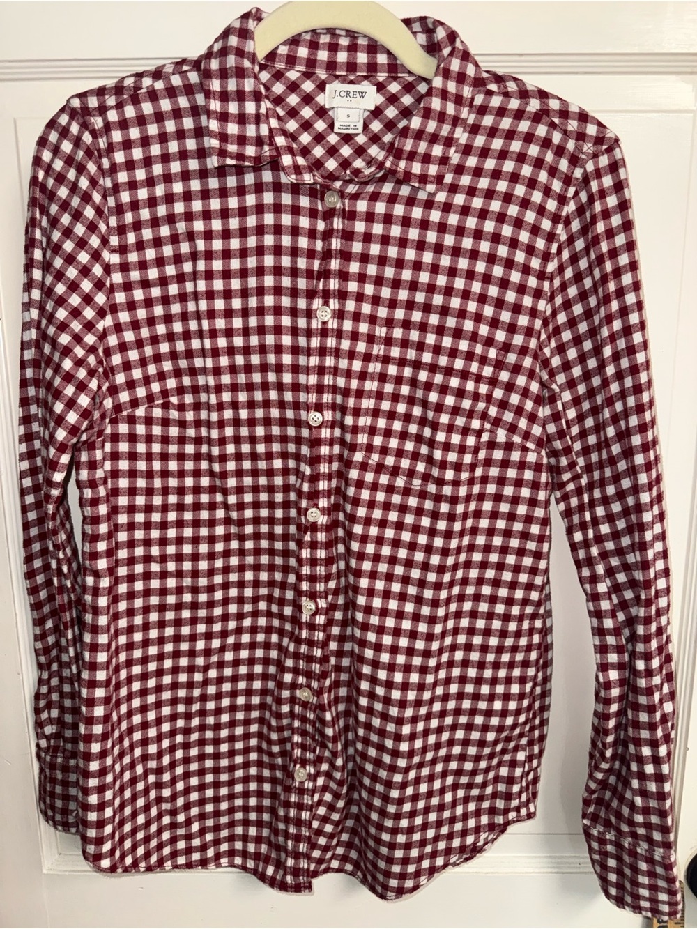 J. Crew Men's Burgundy and White Gingham Button-Down Shirt